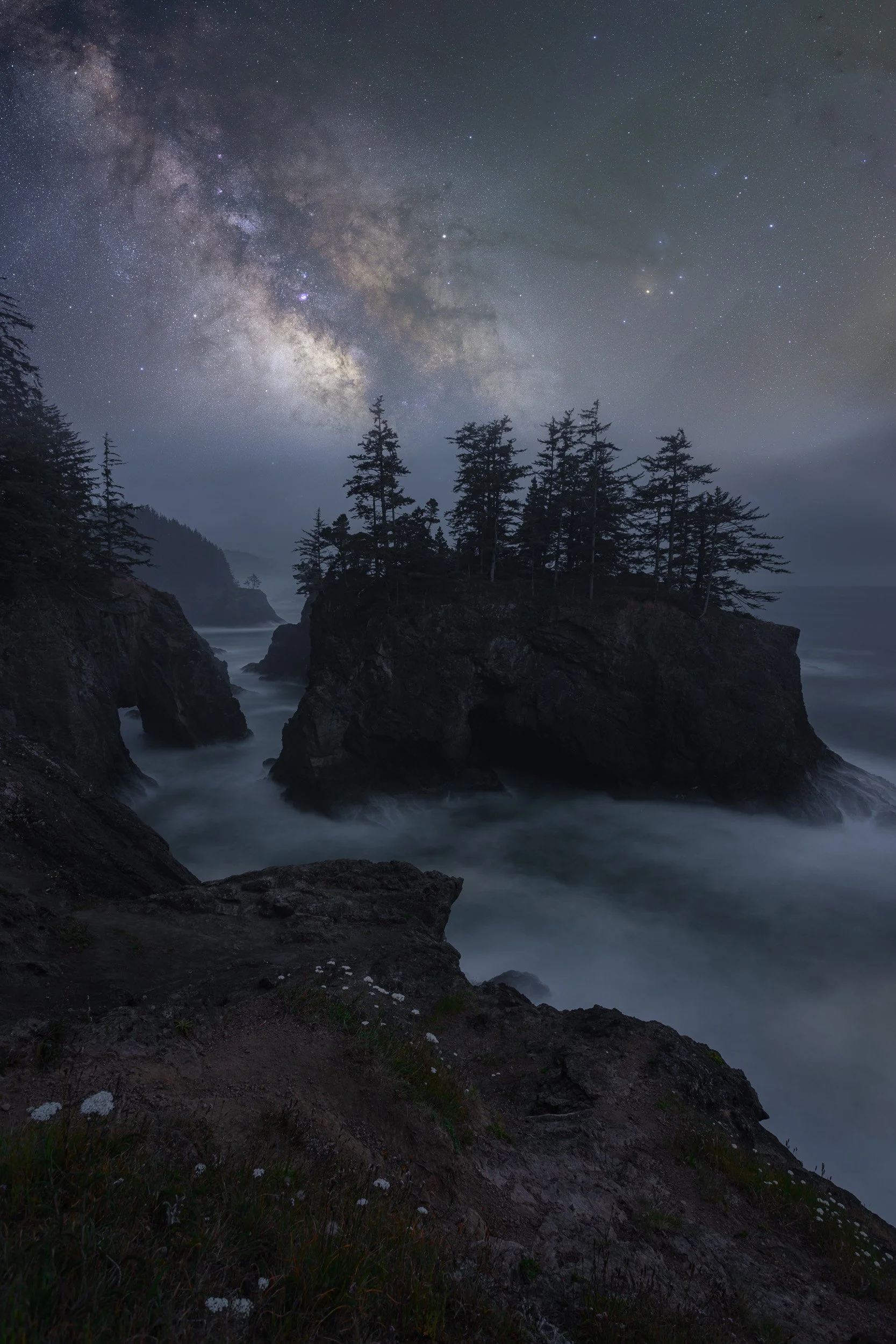 Vertical nightscape photograph of the Milky Way galaxy rising over a pine-topped sea stack enveloped in coastal fog along the rugged Oregon Coast.