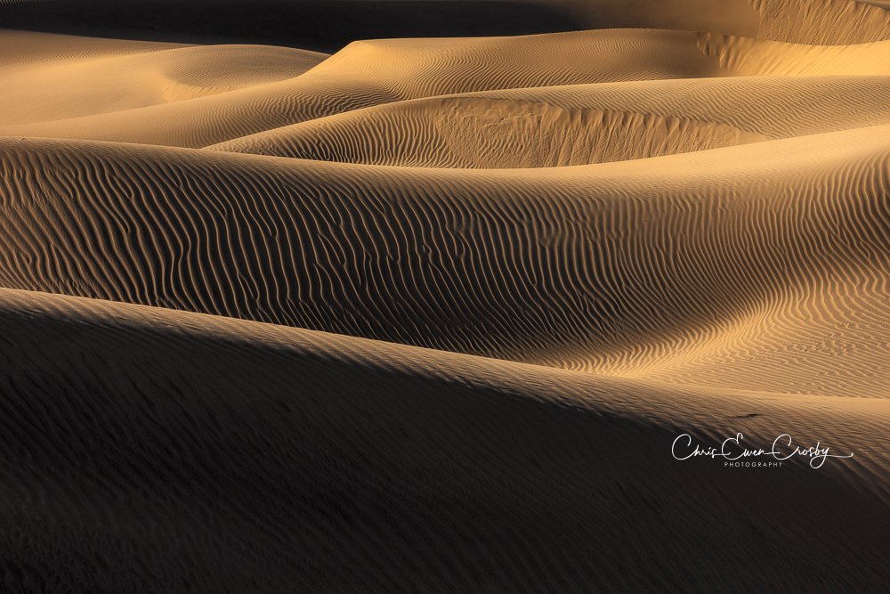 Golden hour photography of Mesquite Flatts Sand Dunes in Death Valley, showing rippled sand textures and layered shadows.