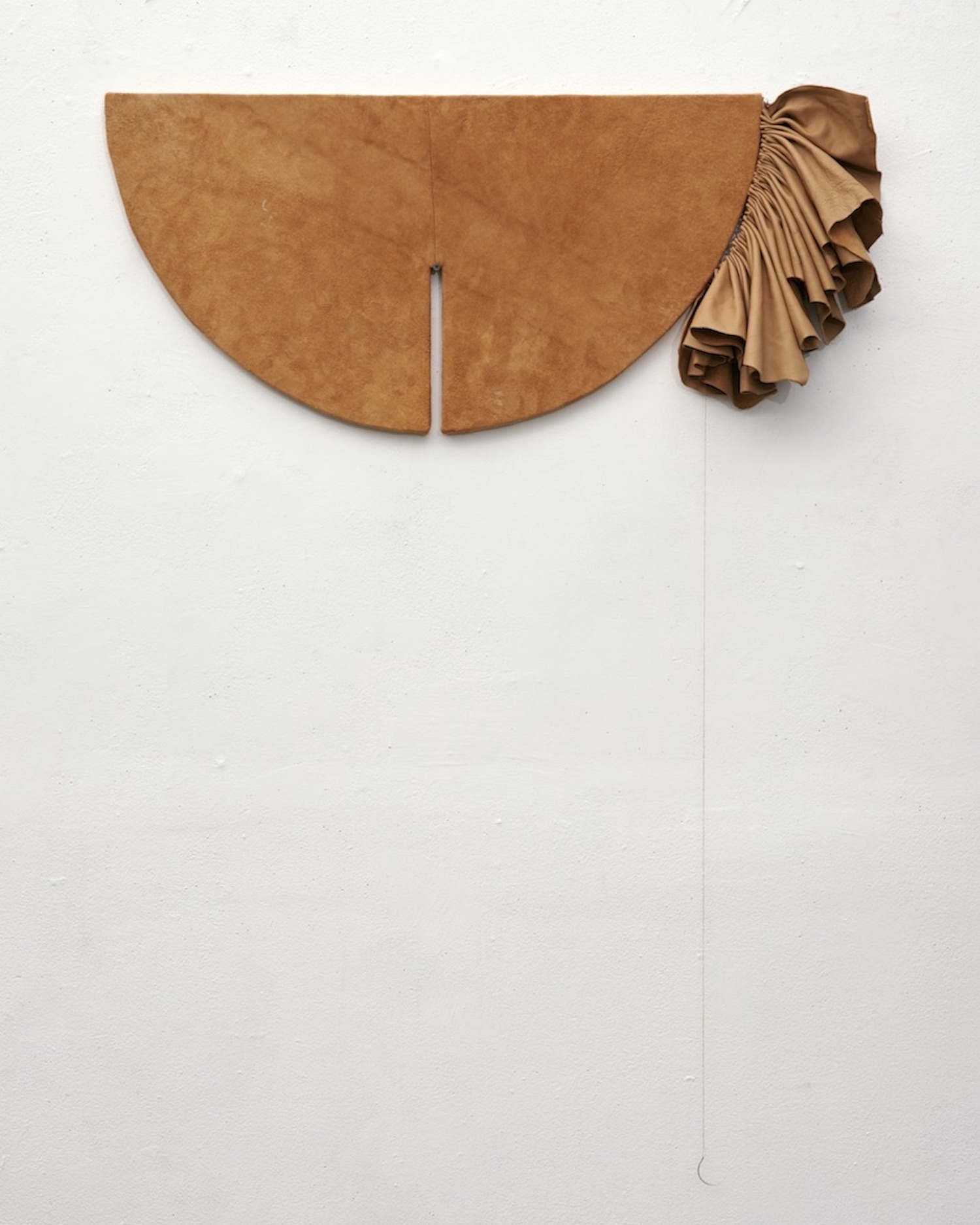 workin' late, Leather, upholstery needle, thread, and plywood, 3.8 FT (including needle + thread) x 2.7 FT, 2017