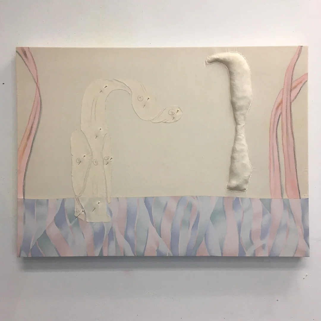Homemade Mythologies, Flashe, muslin, cotton, paper towels, and straight pins, 20 IN x 32 IN, 2018
