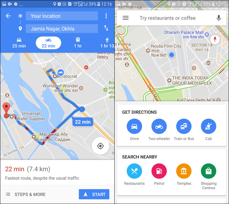 Google Maps (India) demonstrating Two-Wheeler mode.