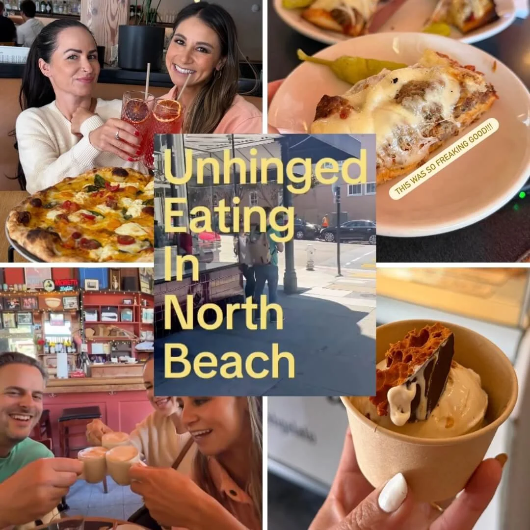 Grid showing various stills from Edible Excursions' North Beach tour with @cheycheyfromthebay on Instagram.