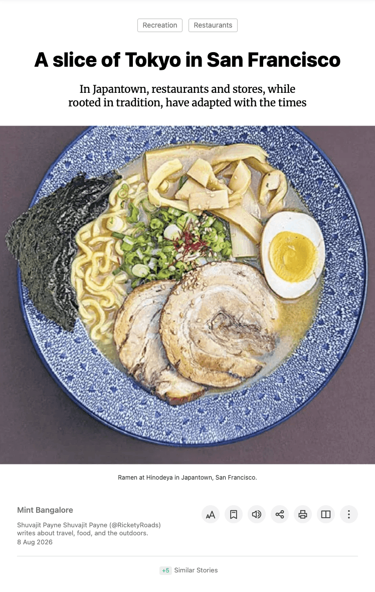 Edible Excursions feature in Mint Bangalore titled, "A slice of Tokyo in San Francisco"