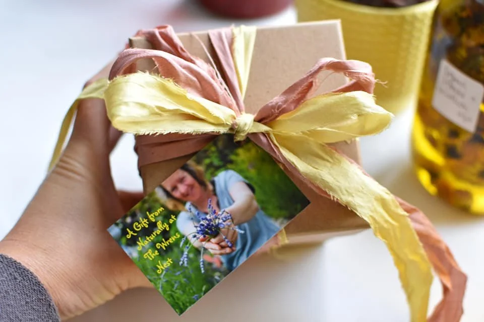 eco friendly gift wrap with naturally dyed silk ribbon