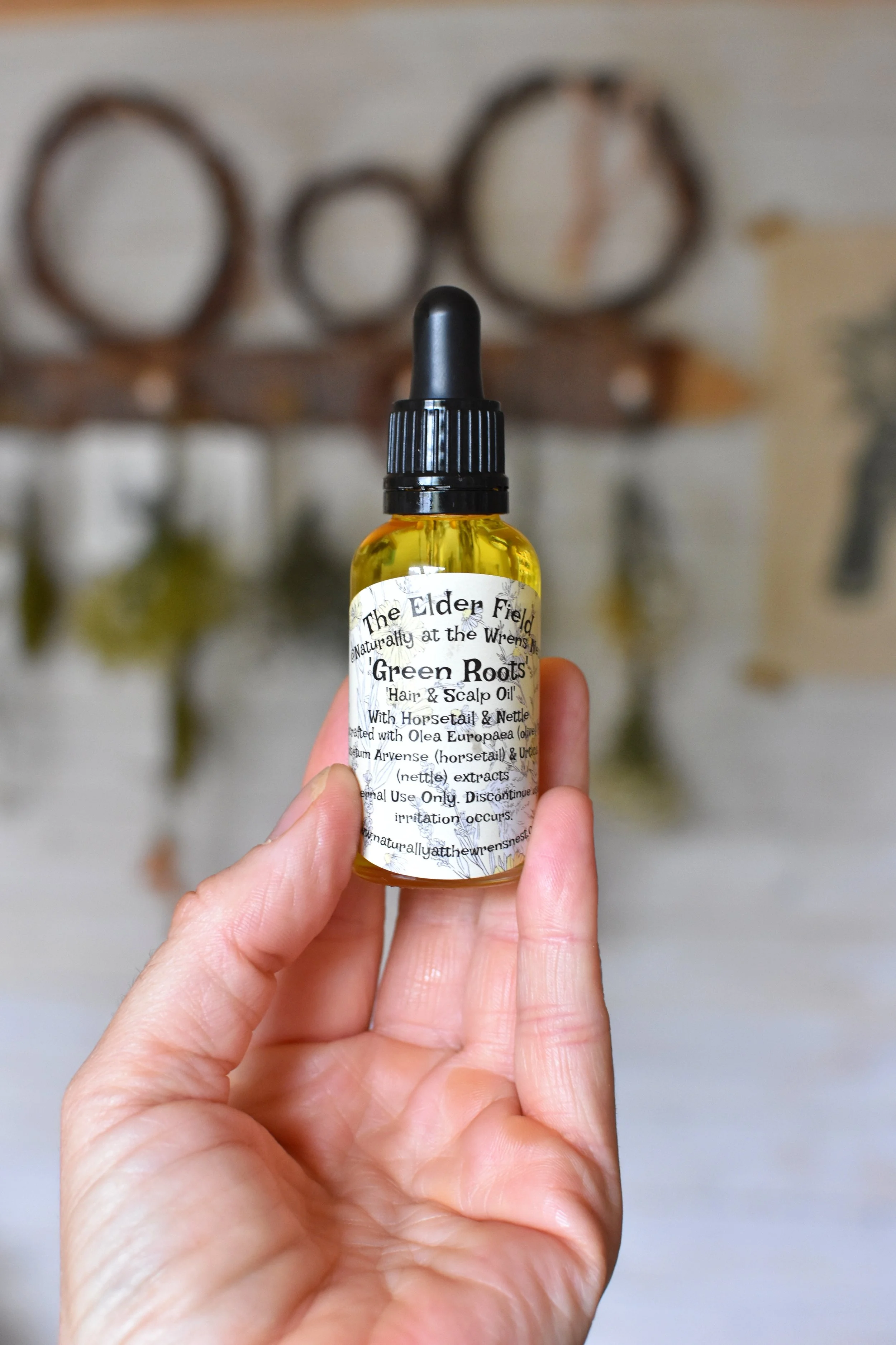 Green Roots hair and scalp oil for healthy hair from Naturally at the Wrens Nest, botanical hair oil, natural hair oil