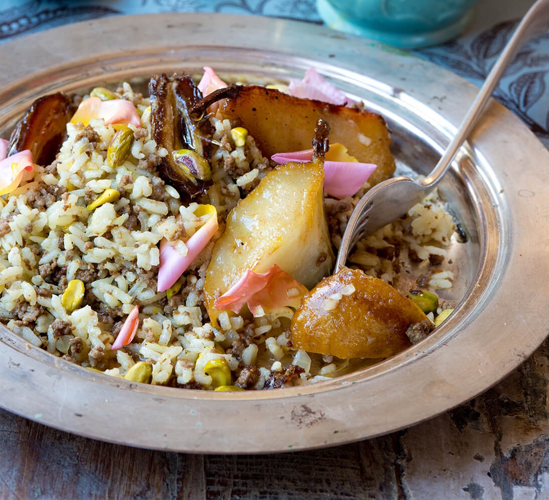 IRAQI ROSE RICE WITH SUGAR-GLAZED PEARS