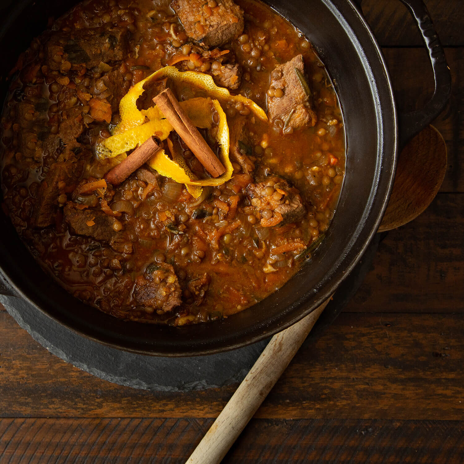 Hearty beef, orange and lentil stew