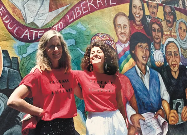 Jane Norling, Miranda Bergman at launch of 400’ mural Educate to Liberate , San Francisco, 1988.