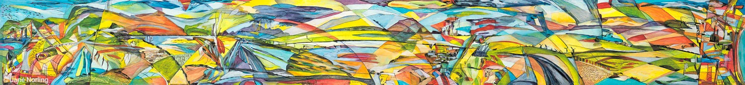 This Great Land West to East (Chicago), acrylic paint/graphite on arches paper, 14”x 110”, 2013 . Picture journal of outside car window–noting human imprint on vast land stolen and settled as the USA–traveling from Bay Area to Chicago, painted in Chicago. Series I-80 .