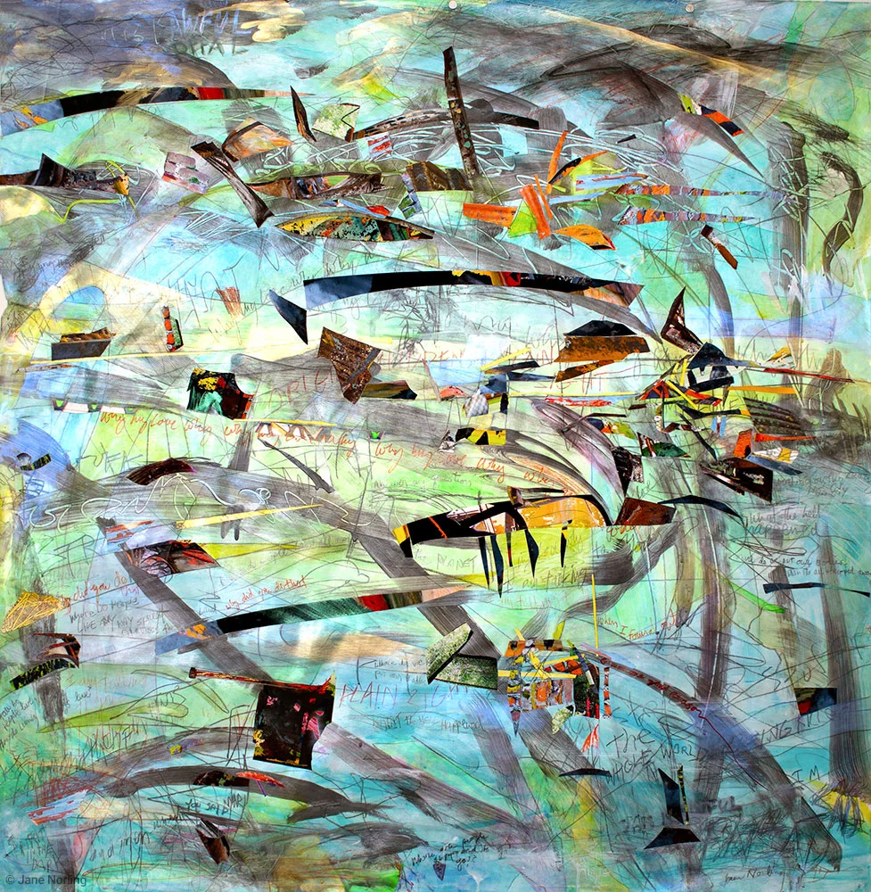 Where We Land , mixed media, 48”x48”, 2018. One of a pair with Why My Love Why .