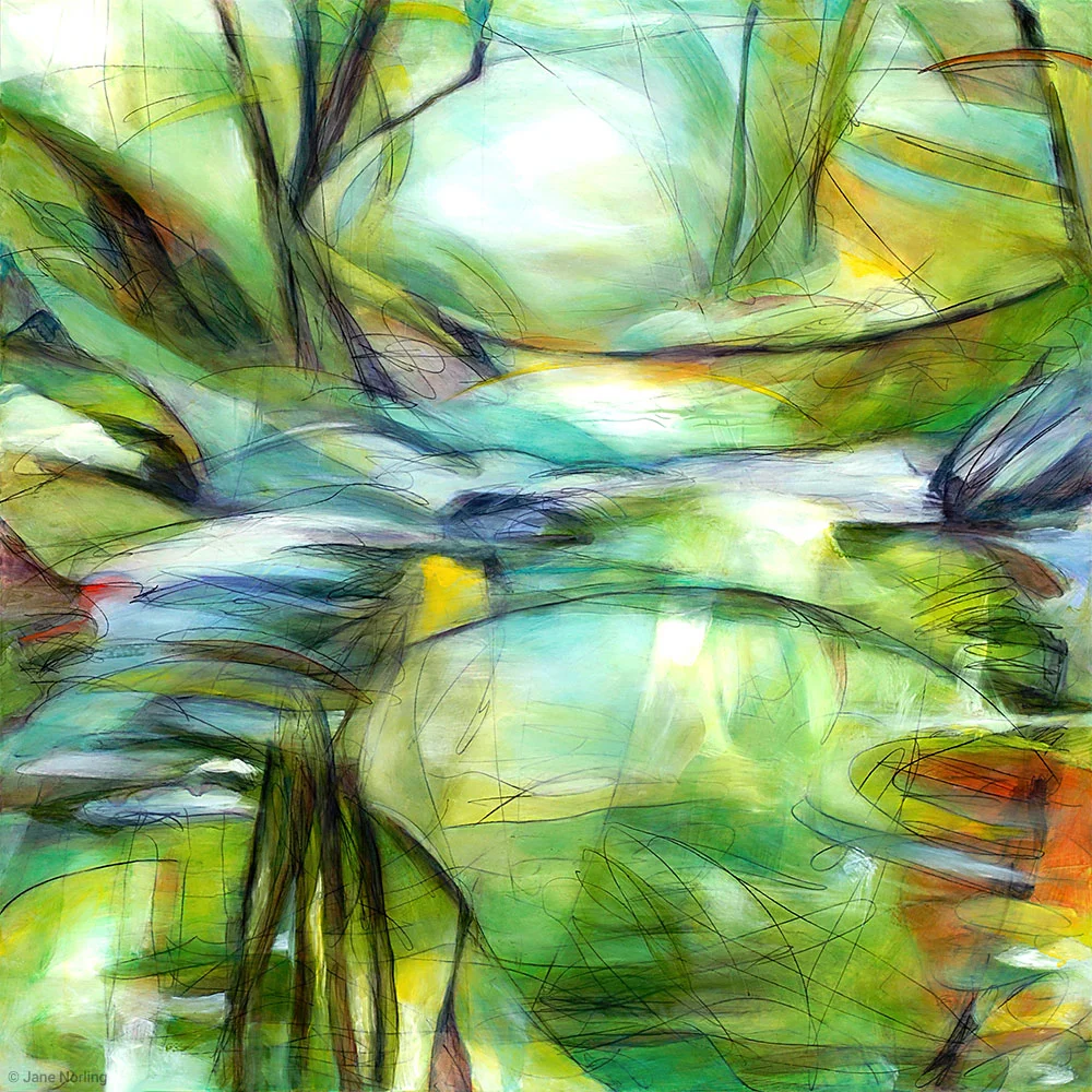 Woods and water shape each other, Northern California. Love the Woods , 40”x40” oil & graphite painting on wood panel, 2011.