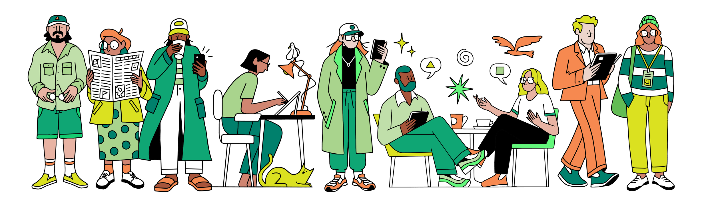 Hand-drawn row of creatives working, chatting and sharing ideas in green and orange outfits, illustrated by Fried Cactus Studio for In-house In-focus In-person 2027.