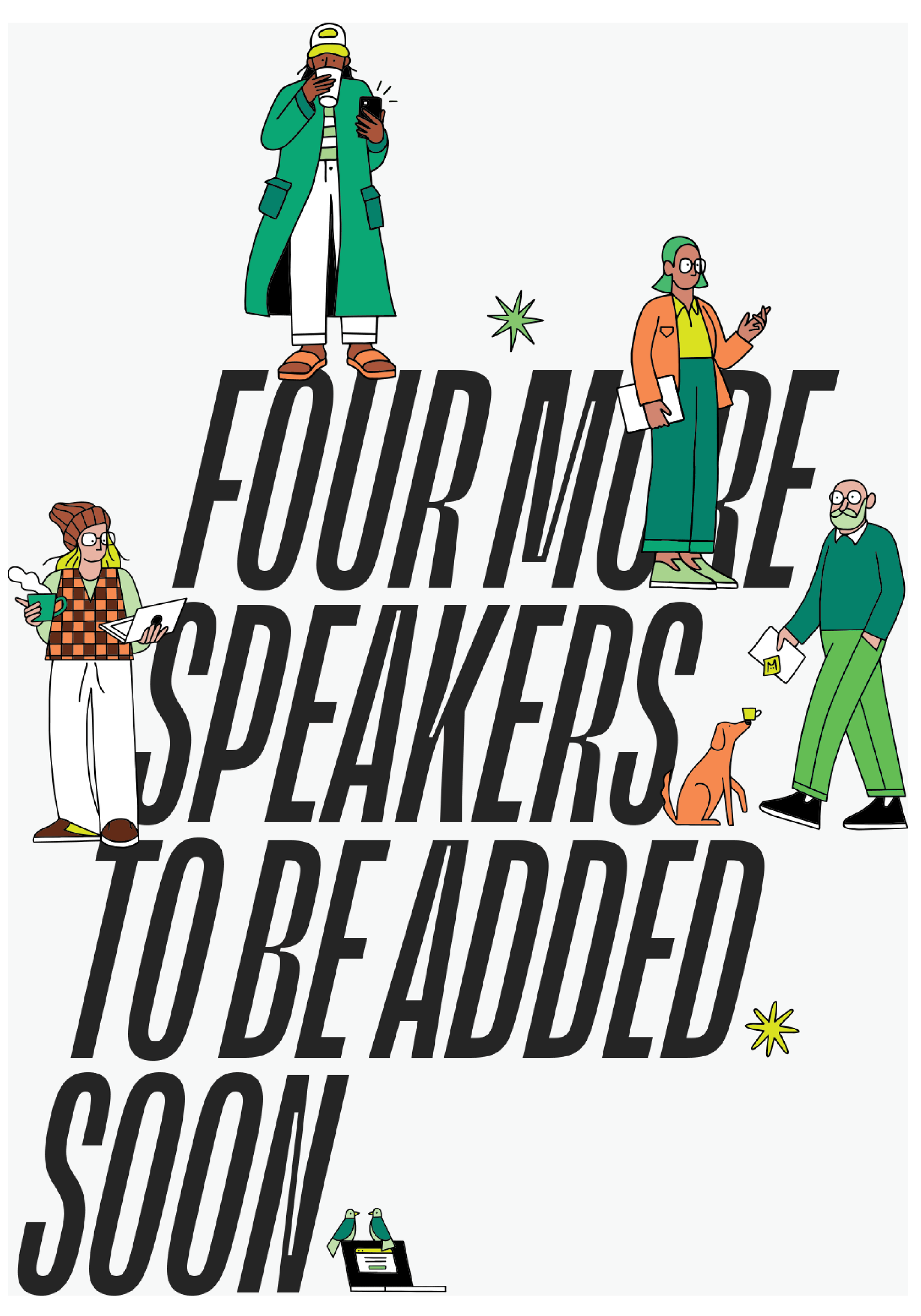 Hand-drawn row of creatives working, chatting and sharing ideas in green and orange outfits, illustrated by Fried Cactus Studio for In-house In-focus In-person 2027.