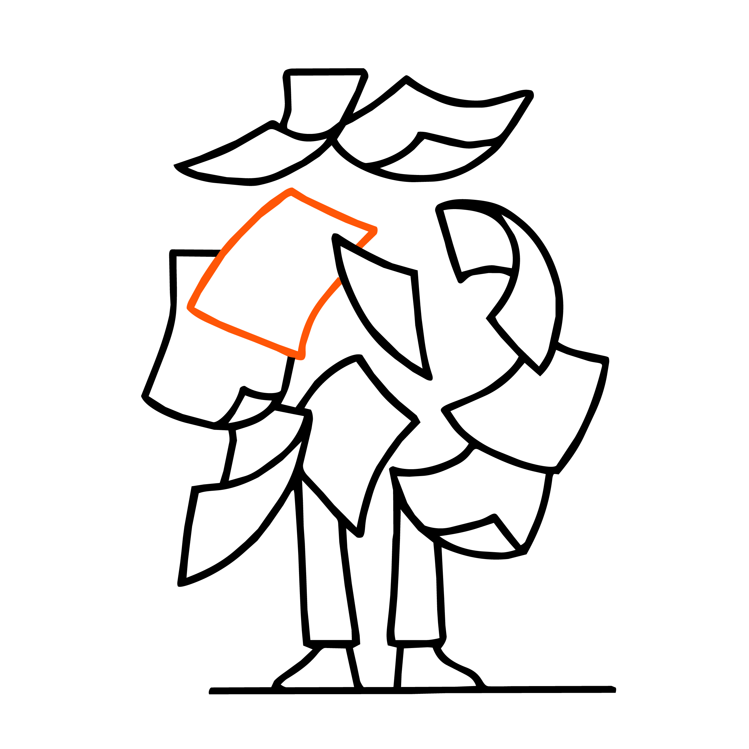 Figure surrounded by sketches, illustrating concept development for hand-drawn brand and editorial illustration.
