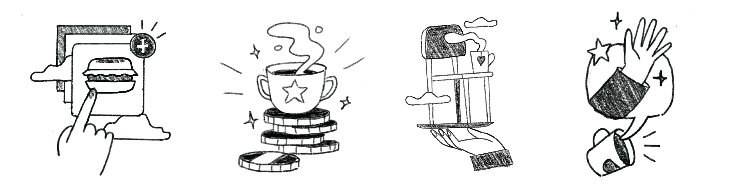 Early pencil sketches exploring custom icons and product illustrations for SumUp, including food ordering, customer rewards, retail and support concepts.