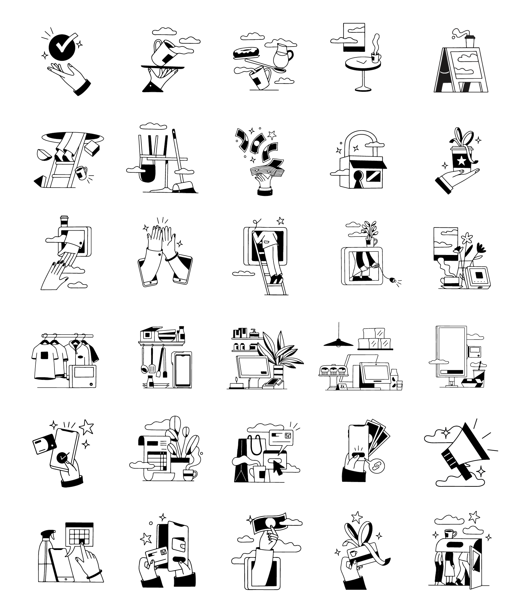 Complete collection of 30 custom UX icons and product illustrations designed for SumUp, covering payment services, POS systems, customer rewards and digital interface features.