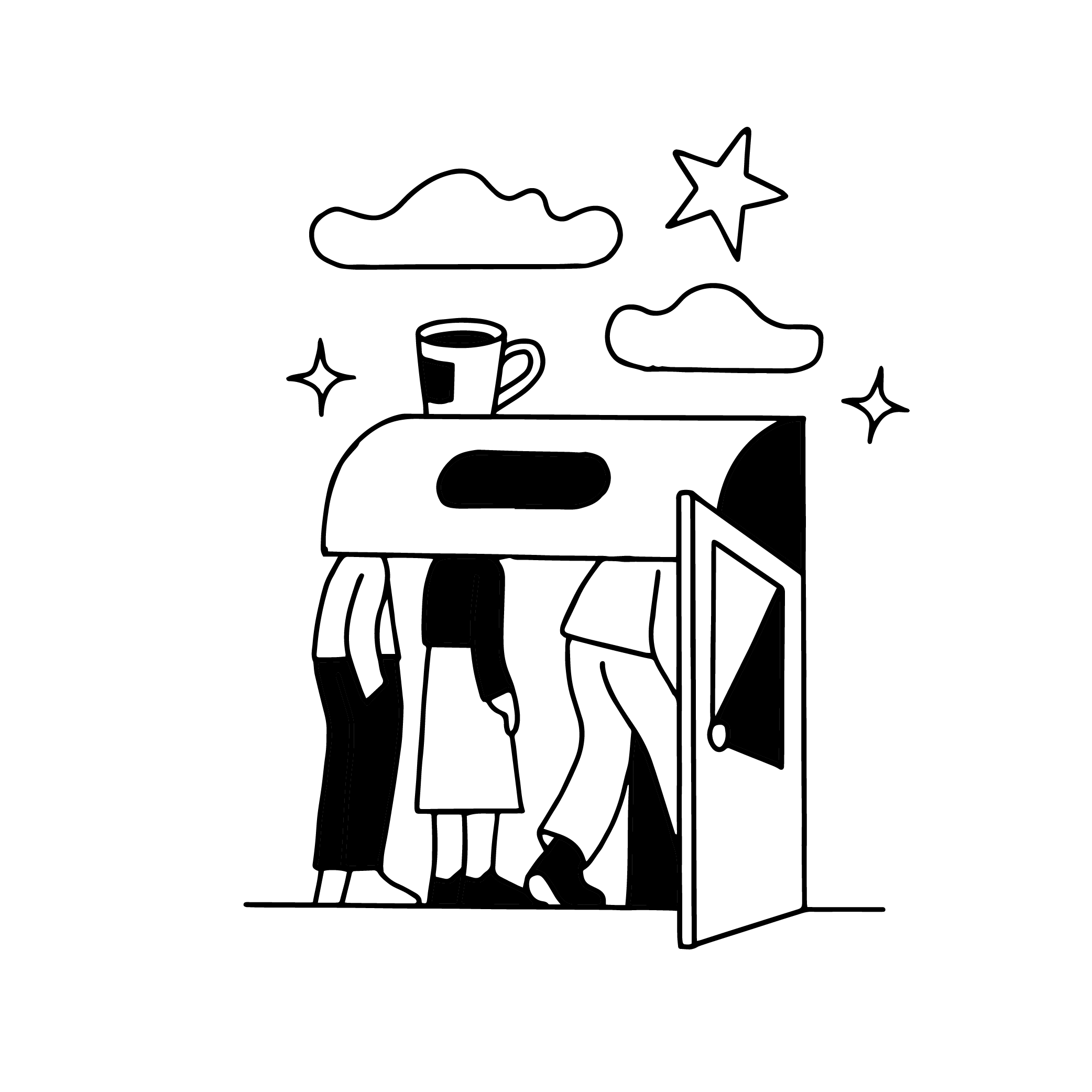 Hand-drawn product illustration for SumUp's loyalty programme, showing customers entering a shop beneath a takeaway coffee cup and decorative clouds.