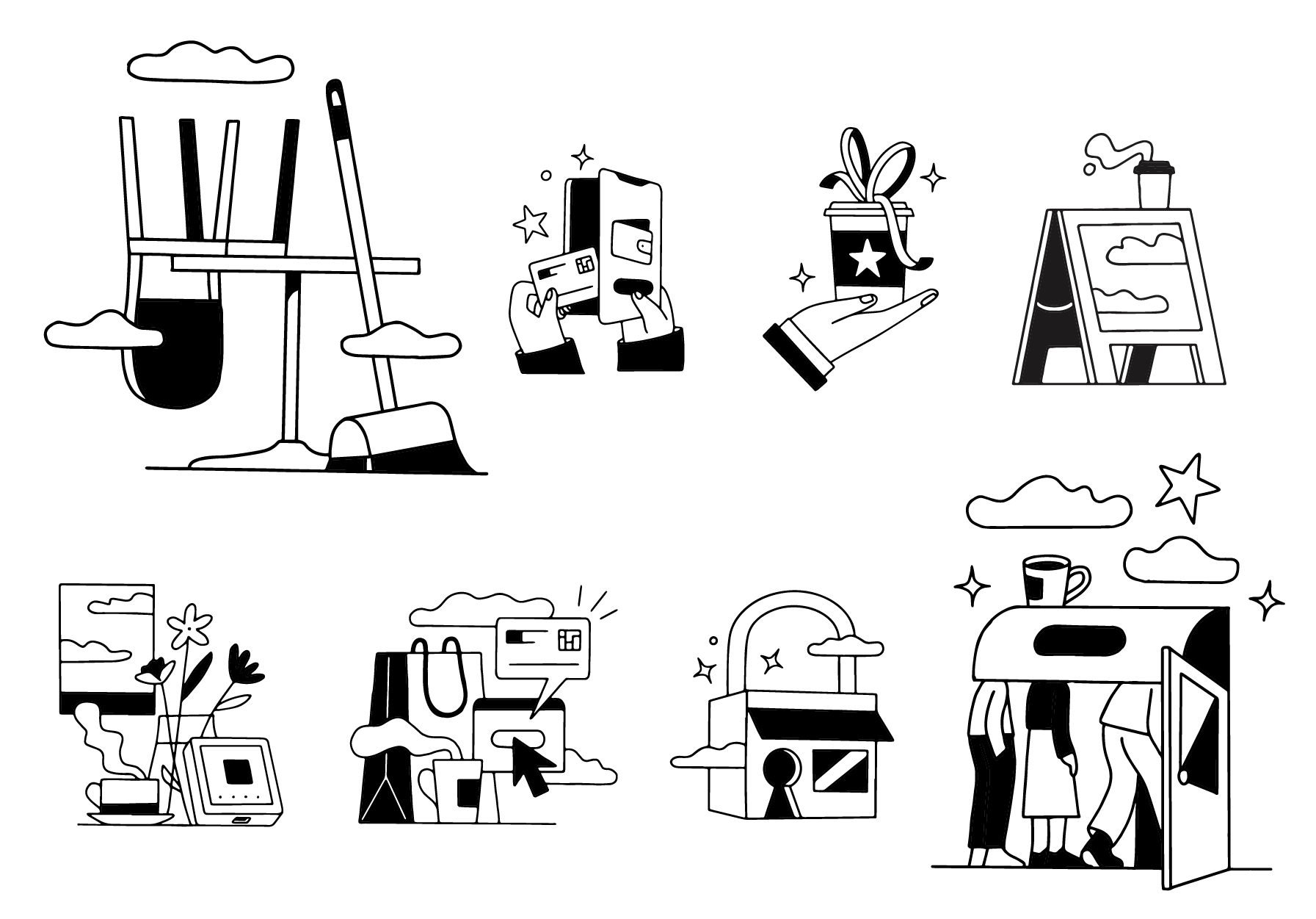 Collection of custom hand-drawn brand illustrations for SumUp, featuring digital payments, customer rewards, retail and business tools.