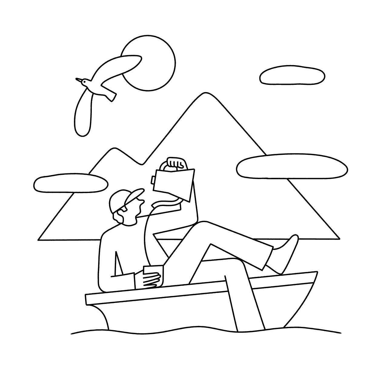 Illustration of a relaxed traveller enjoying a peaceful coastal setting, representing slow travel with no rush and time to enjoy the journey