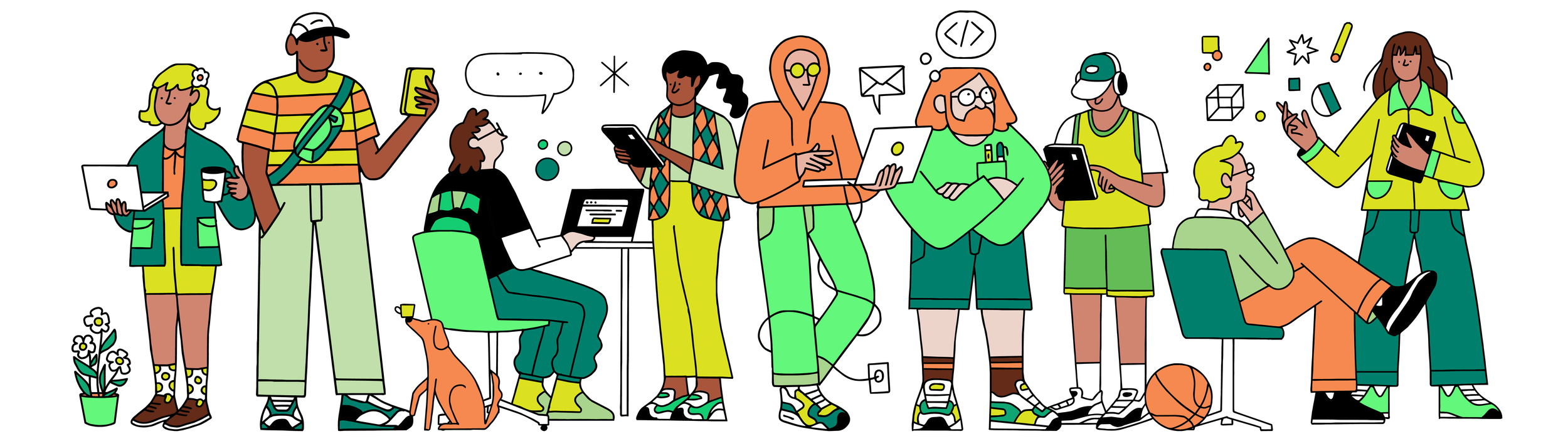 Hand-drawn row of creatives working, chatting and sharing ideas in green and orange outfits, illustrated by Fried Cactus Studio for In-house In-focus In-person 2027.