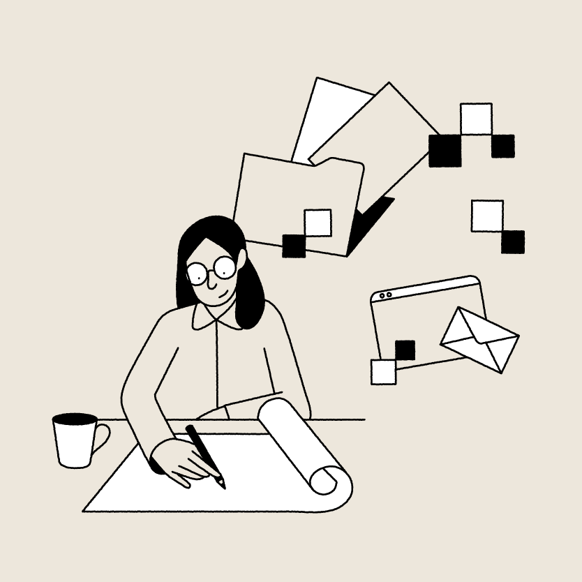 Hand-drawn, concept-led illustration for Motif showing architects collaborating around plans, drawings and architectural tools, representing the creative process supported by AI. Illustration by Fried Cactus Studio.