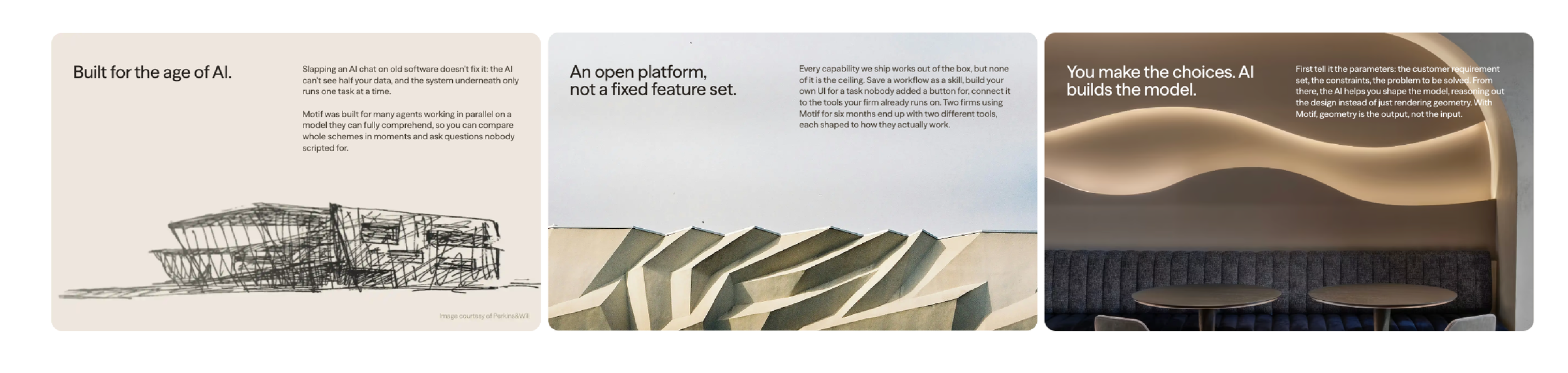 Motif architectural design software website showing brand visuals, architectural imagery and digital page layouts.