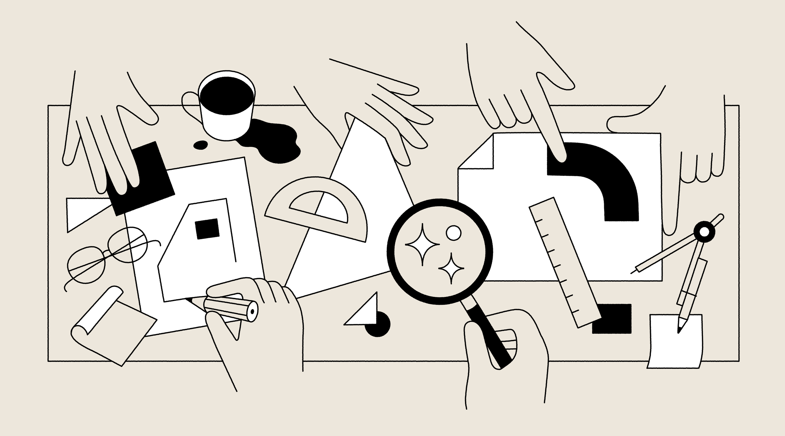 Hand-drawn, concept-led illustration for Motif showing architects collaborating around plans, drawings and architectural tools, representing the creative process supported by AI. Illustration by Fried Cactus Studio.