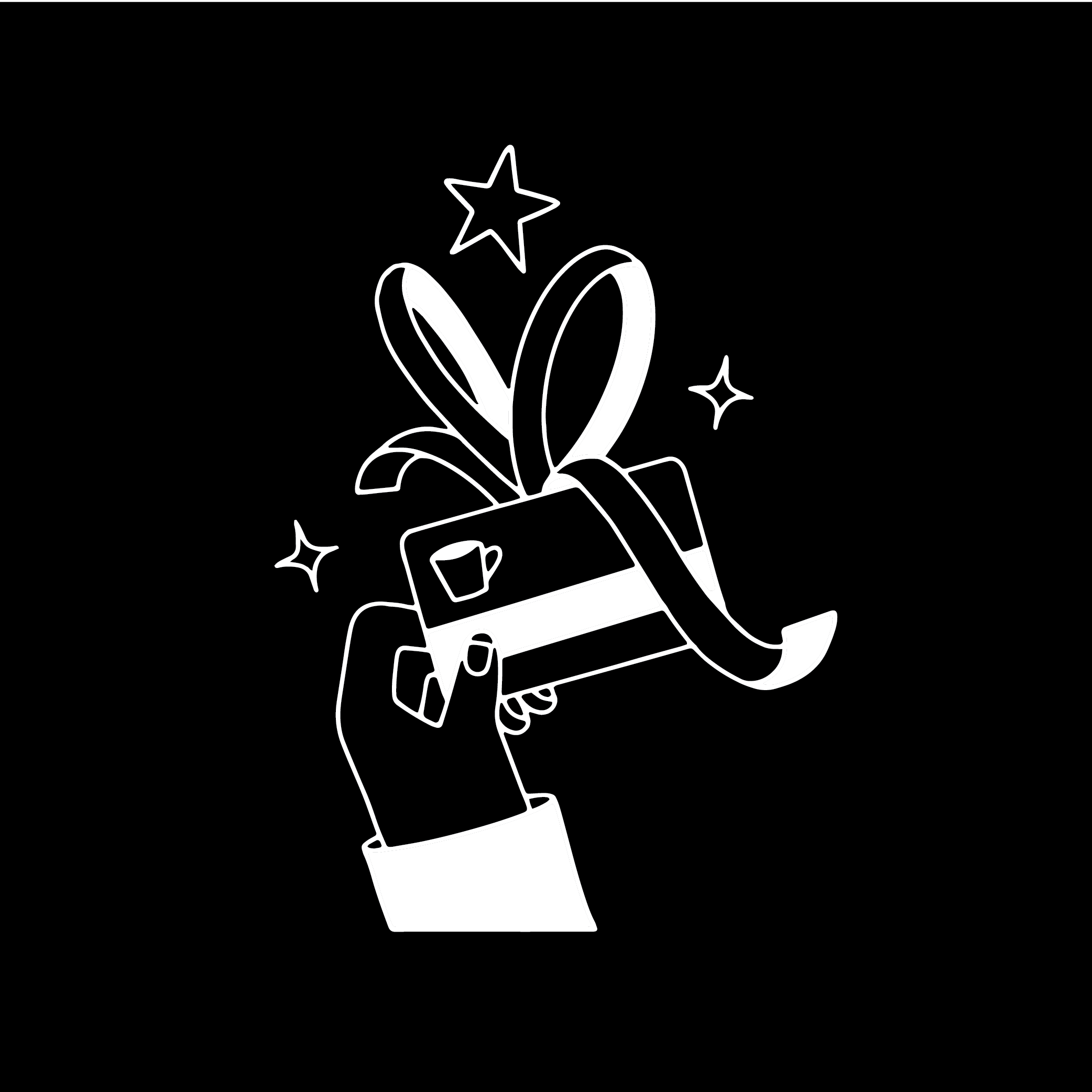 Black-and-white custom illustration of a hand holding a gift card with a ribbon and stars, designed for SumUp's customer rewards features.