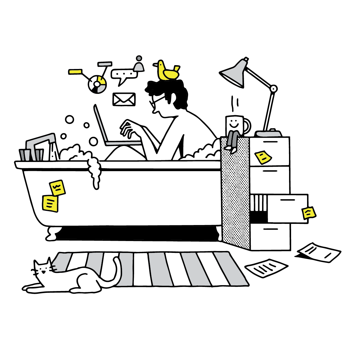 Person working from home in a bathtub using a laptop.