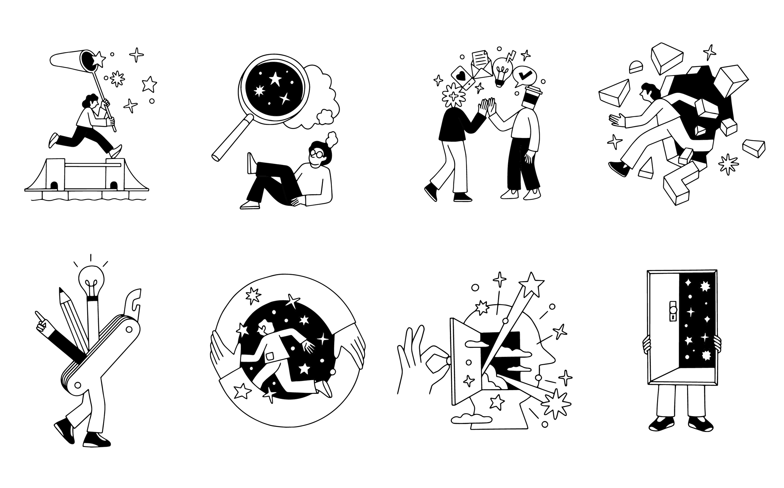 Narrative hand-drawn line illustration featuring simple character design, minimal lines, and a story-driven visual composition