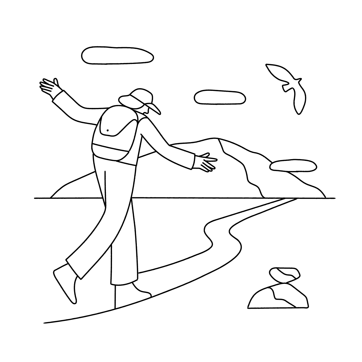 Illustration of travellers connecting with nature in a calm outdoor setting, representing sustainable travel and respect for the environment