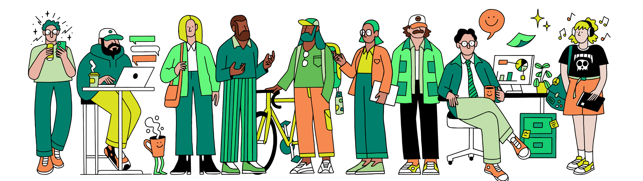 Hand-drawn row of creatives working, chatting and sharing ideas in green and orange outfits, illustrated by Fried Cactus Studio for In-house In-focus In-person 2027.