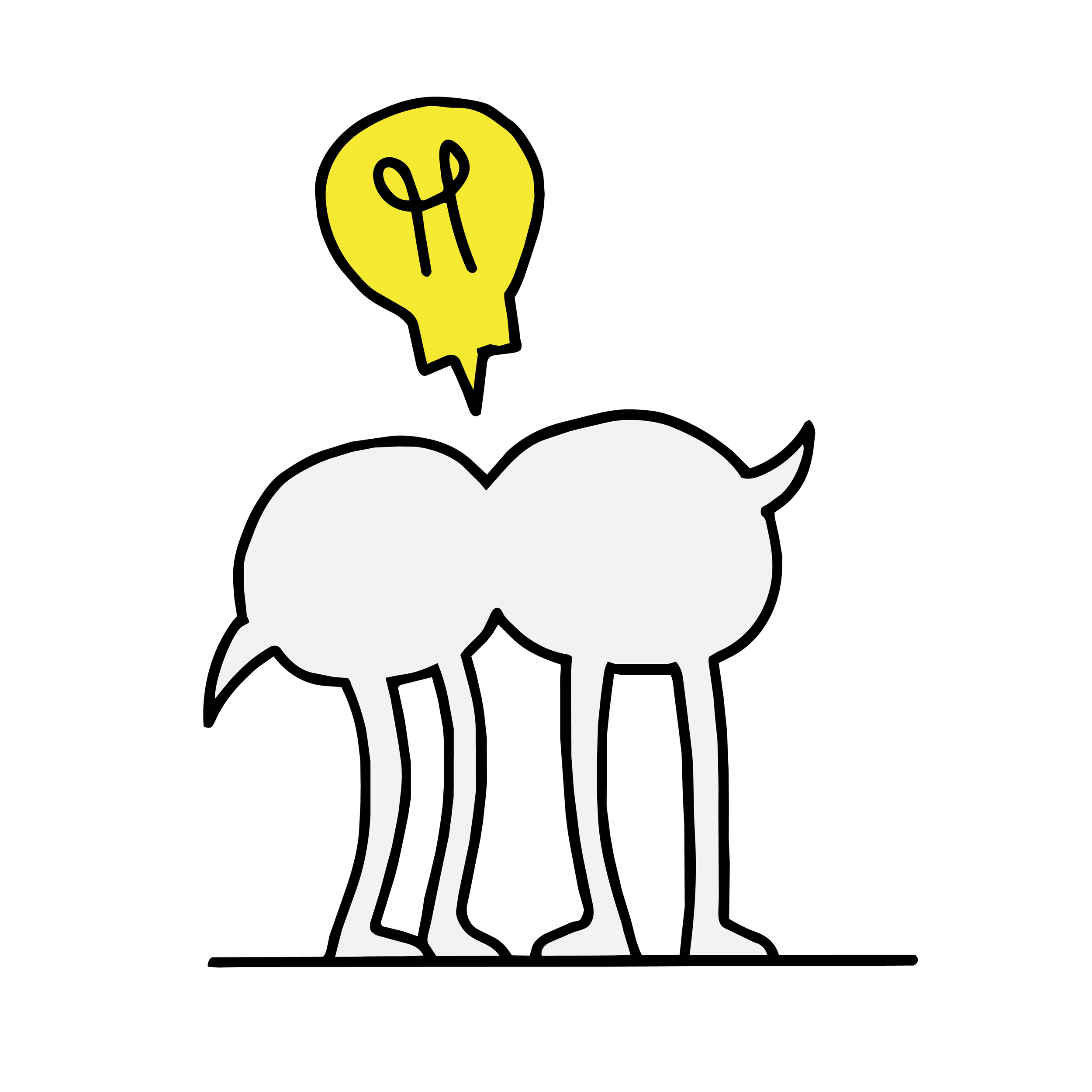 Hand-drawn, concept-led illustration of a simple character form with a lightbulb above, representing ideas, creativity and thinking.