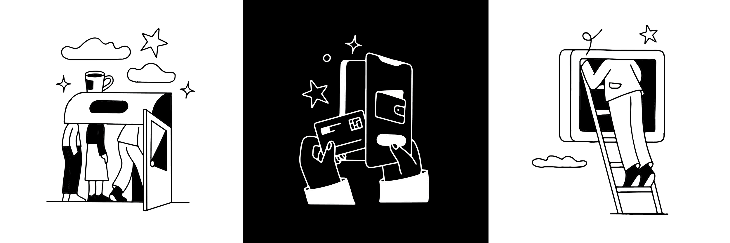 Custom hand-drawn UX illustrations for SumUp, featuring digital payments, customer loyalty and product support, created as part of a fintech brand illustration system.