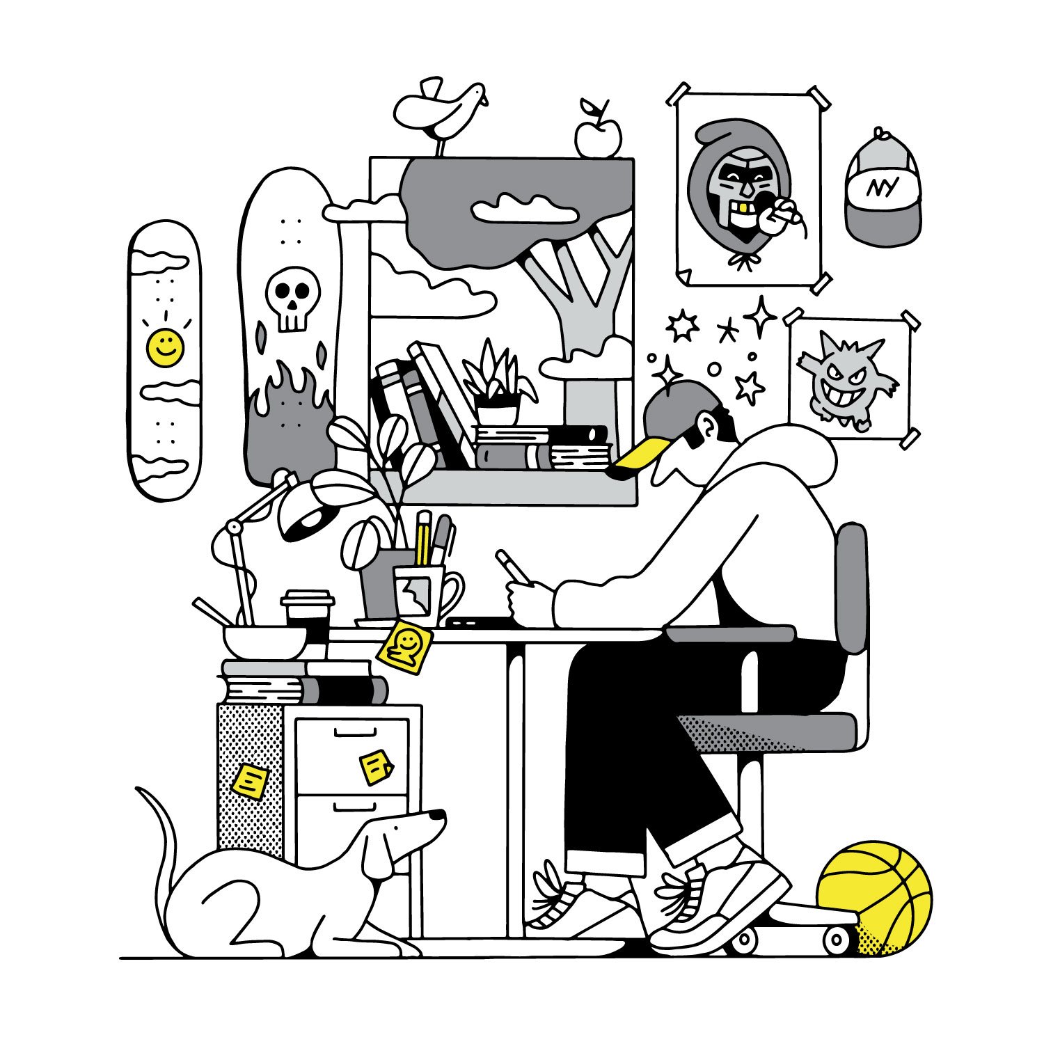 Hand-drawn brand illustration of a creative workspace, designed to communicate ideas clearly through detailed, story-led visuals.