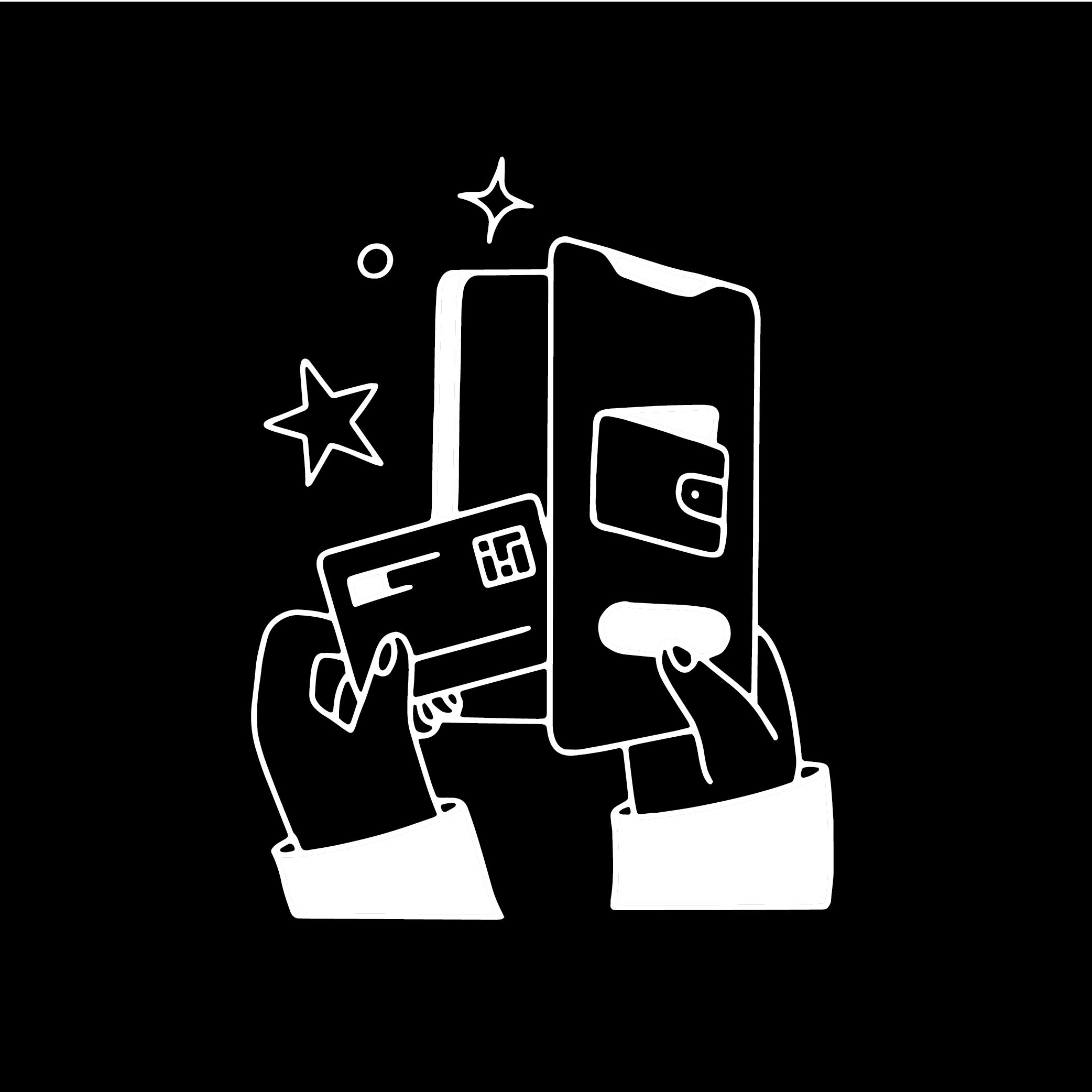 Custom fintech illustration showing hands holding a smartphone, digital wallet and payment card, created for SumUp's digital payment services.