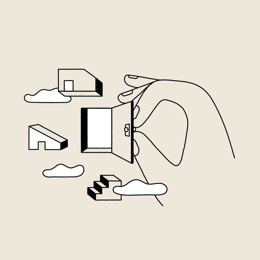 Hand-drawn, concept-led illustration for Motif showing architects collaborating around plans, drawings and architectural tools, representing the creative process supported by AI. Illustration by Fried Cactus Studio.