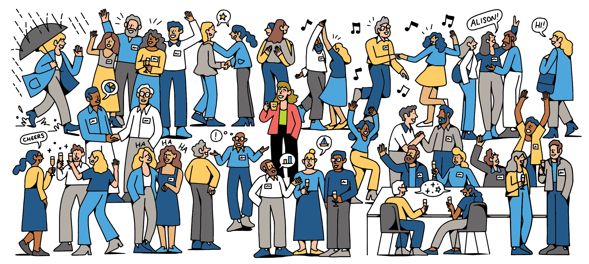 Hand-drawn editorial spot illustration for Middlebury Magazine, designed by Pentagram, showing alumni meeting, dancing, chatting and reconnecting during a college reunion.