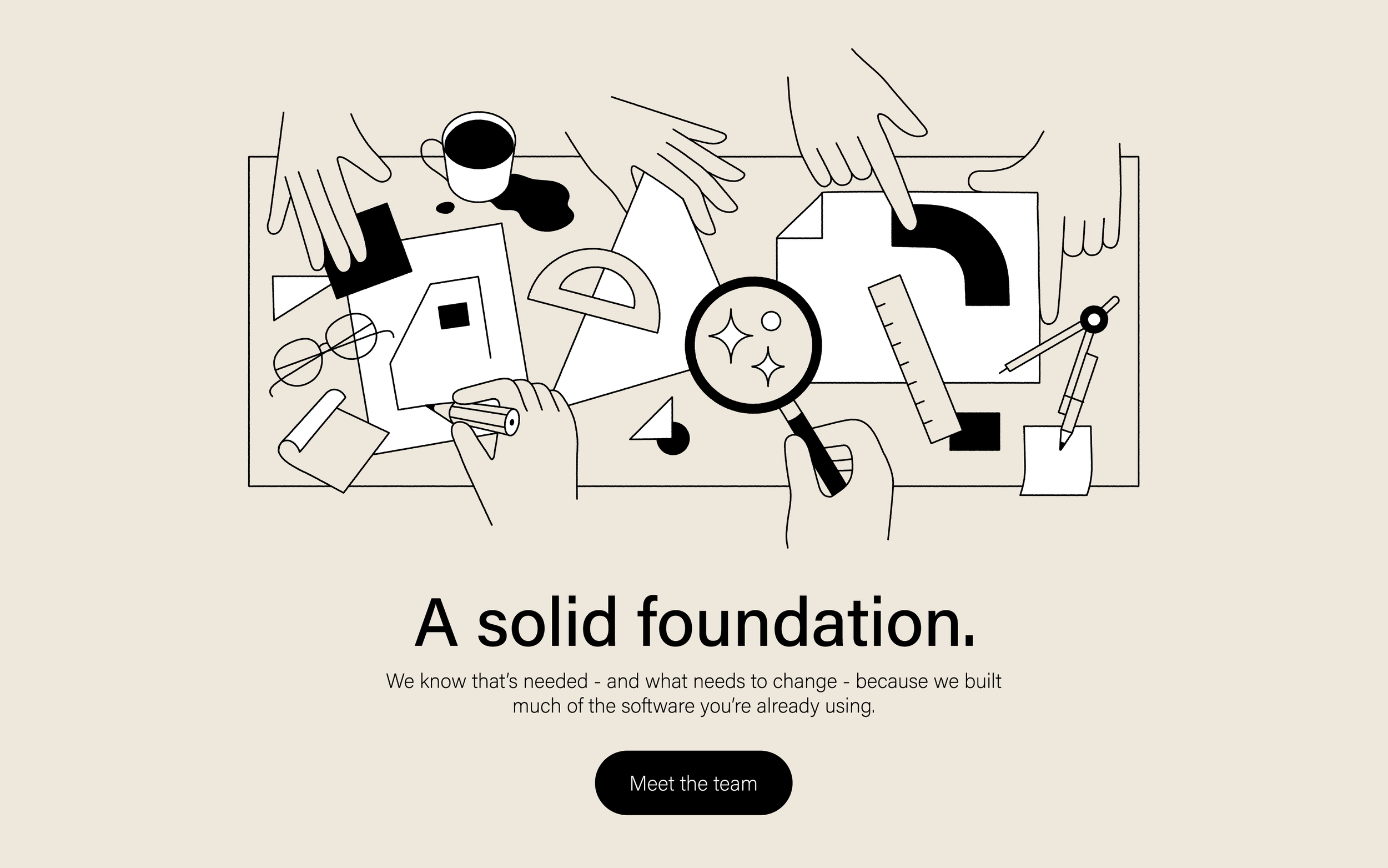 Custom hand-drawn hero illustration for Motif's website, featuring overlapping hands, architectural design tools and abstract shapes in a conceptual line art style.