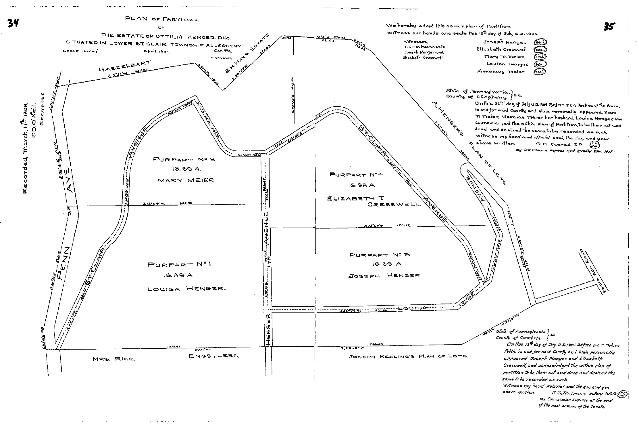 The 1904 Plan of Partitions of the Estate of Ottilia Henger to Mary Meier, Mrs. Rise, the Engstlers, Louisa Henger, Elizabeth Cresswell, Joseph Henger and Joseph Keeling.