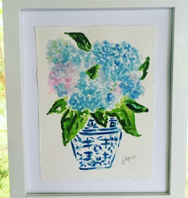 Original Hydrangea In Blue and White Watercolor