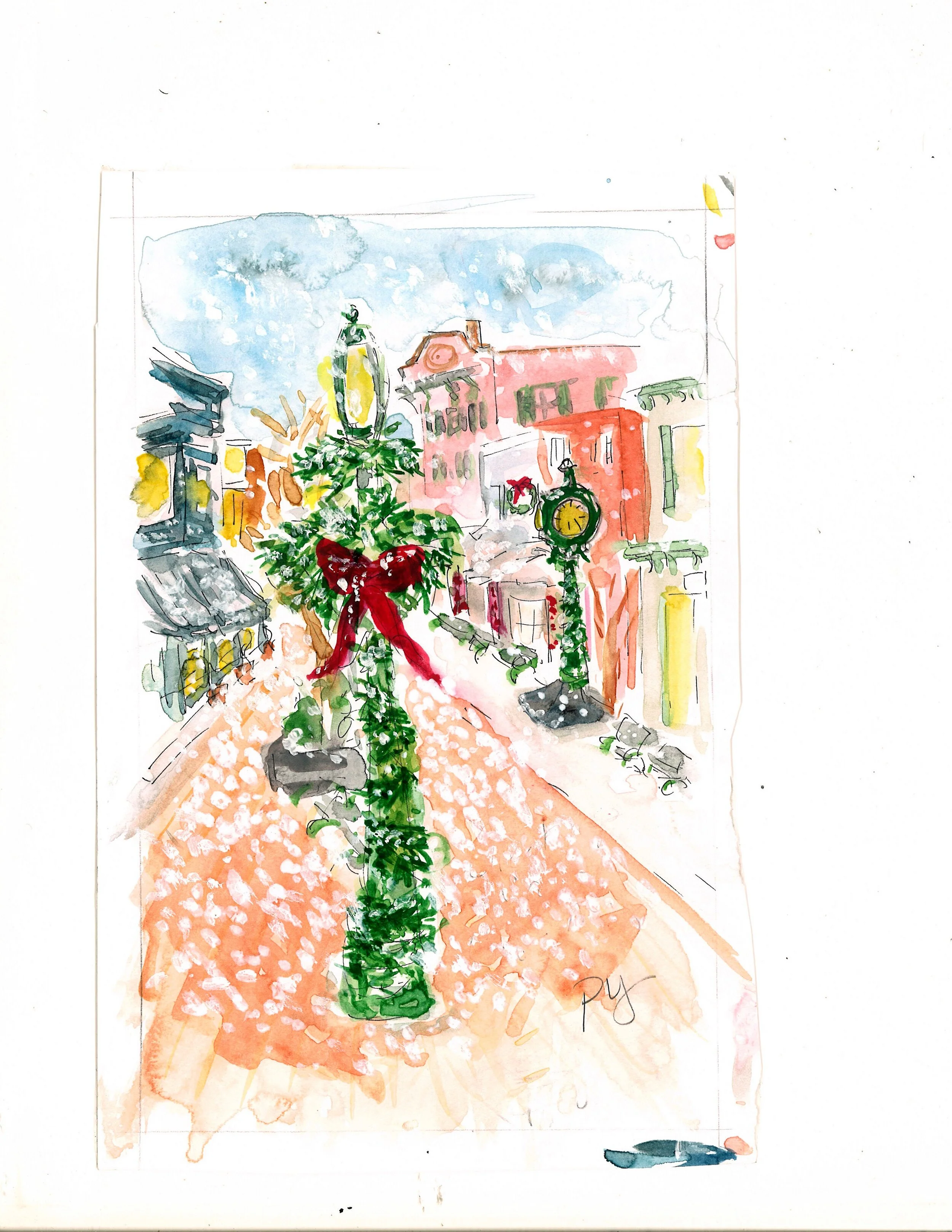 Original - Washington Street at Christmas Watercolor