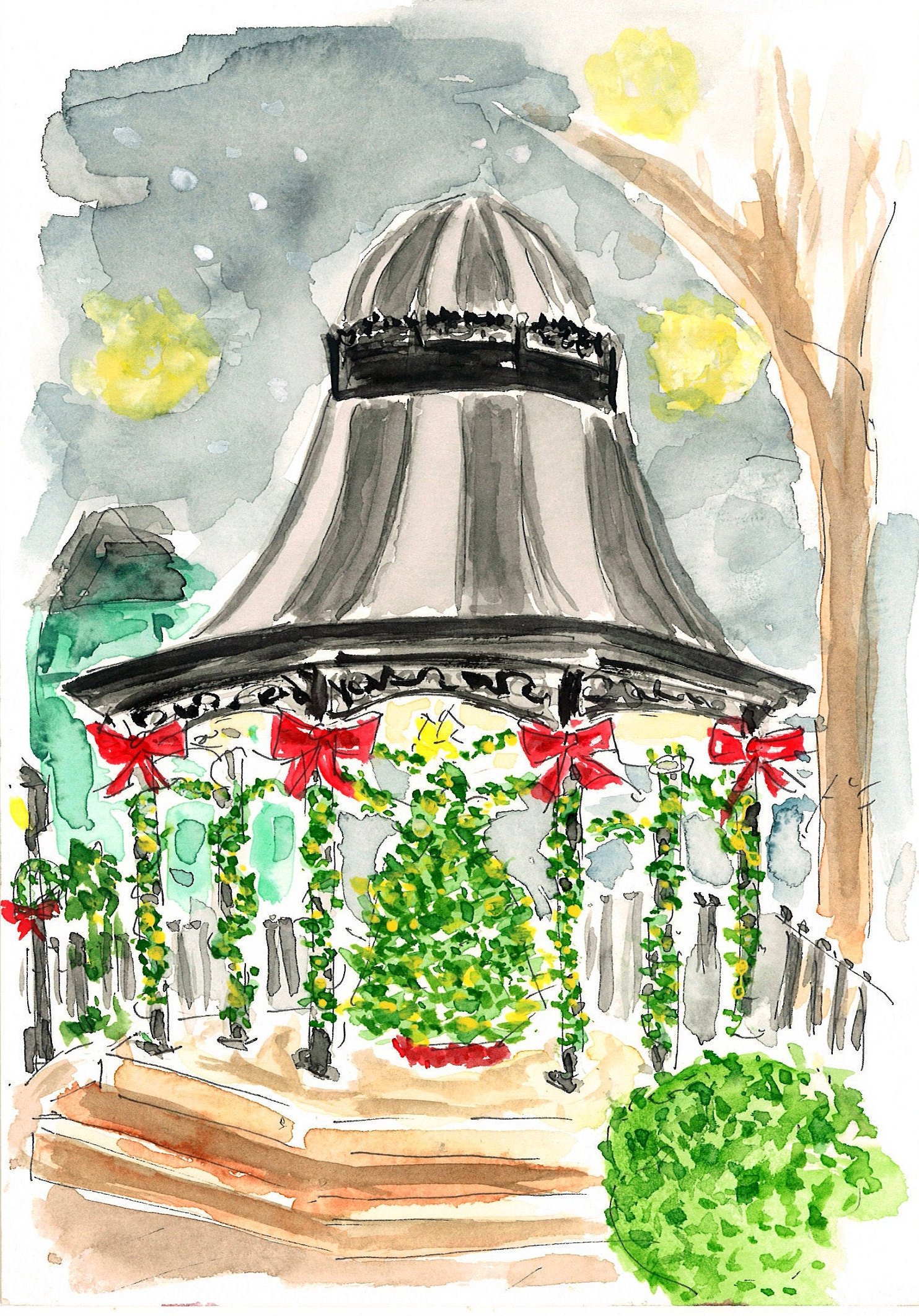 Art Print, Victorian Christmas in Cape May, watercolor, Art by Pixie Yates