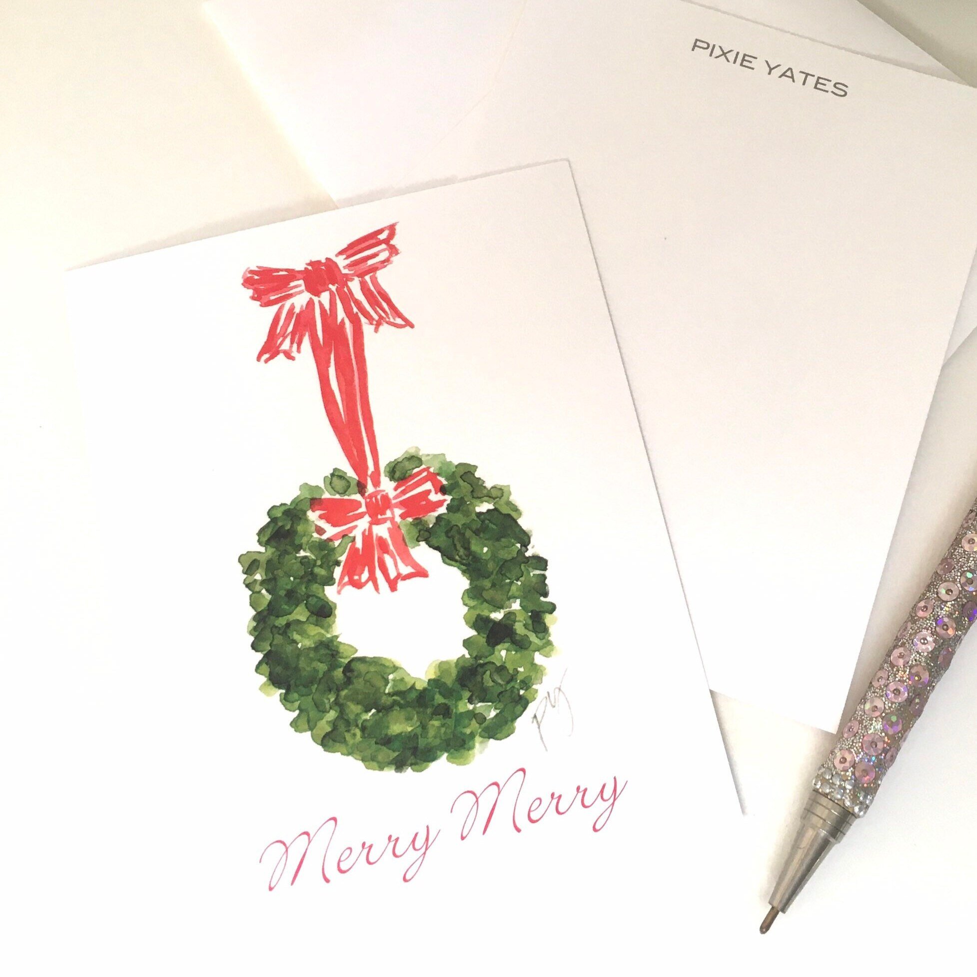 Watercolor Christmas wreath, personalized, flat notecard, red bow, art by pixieyates