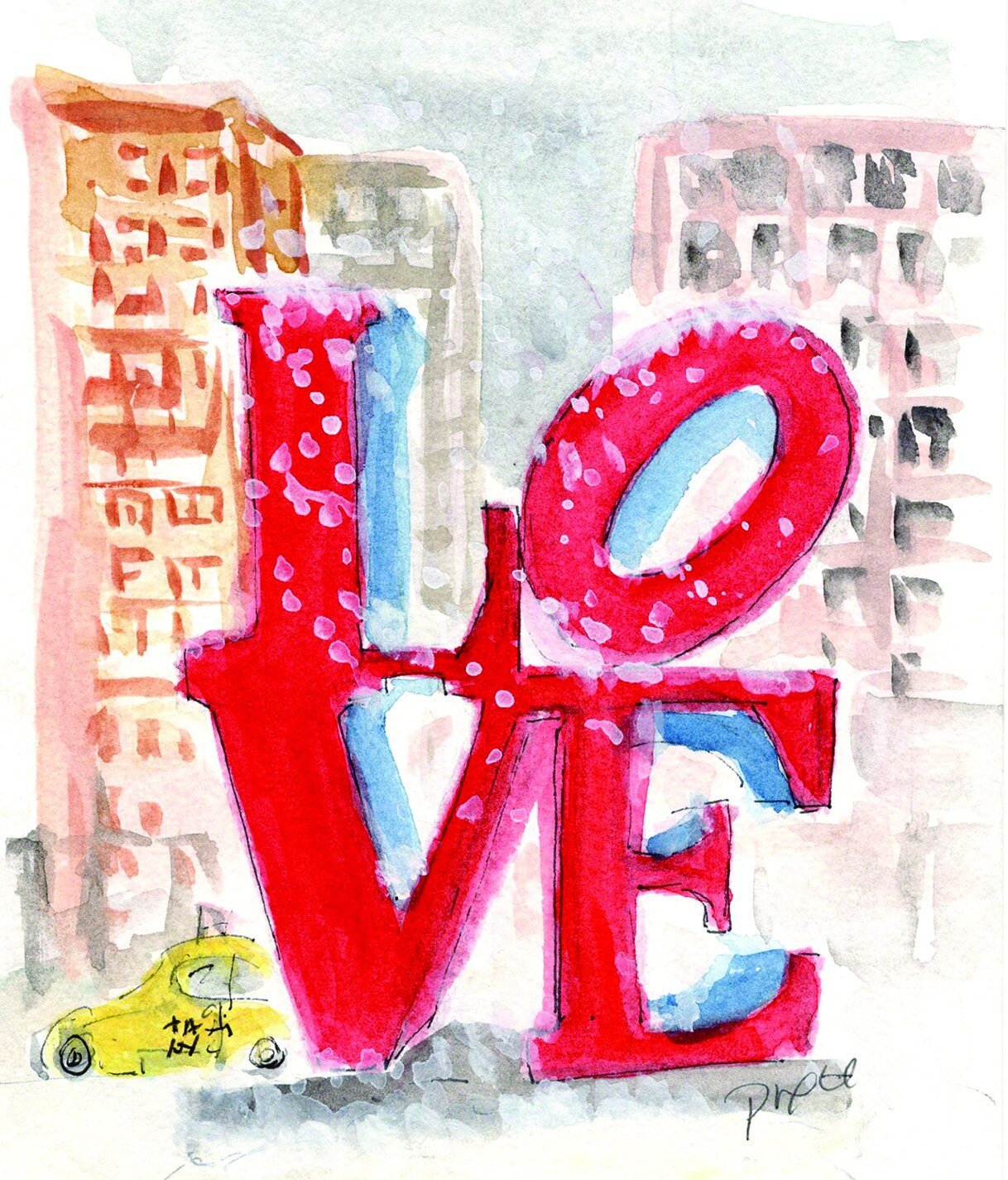 Folded Notecards, New York City, Love sculpture, art by pixie yates, set of 10