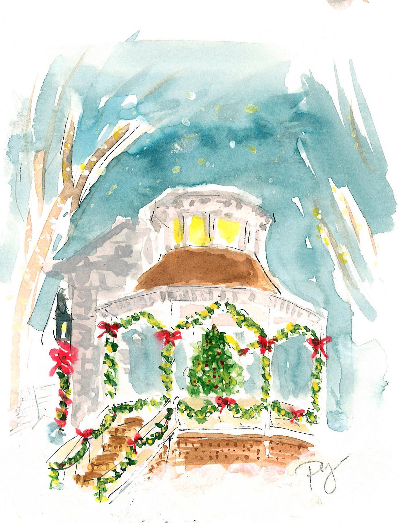 Wall Decor, Art Print, Capemay, Victorian Christmas Gazebo in Cape May watercolor print