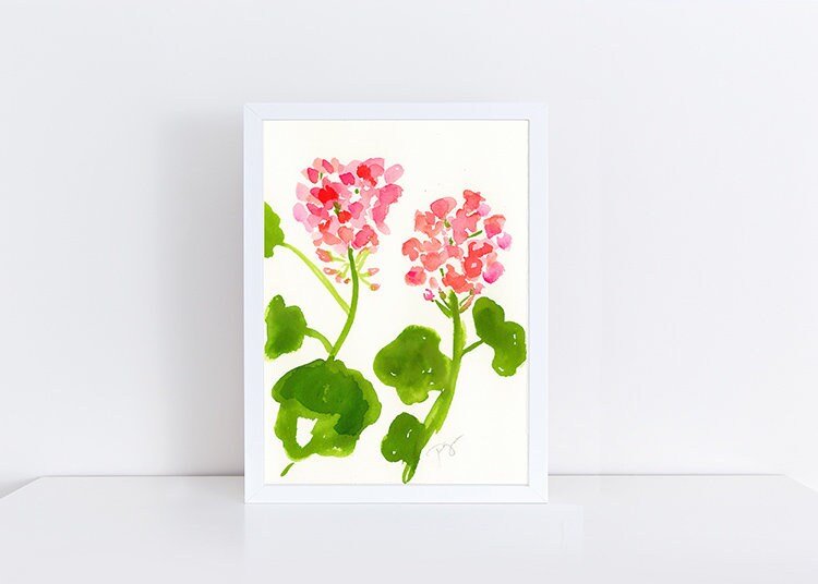Red Geraniums watercolor art print, wall decor, art by pixie yates