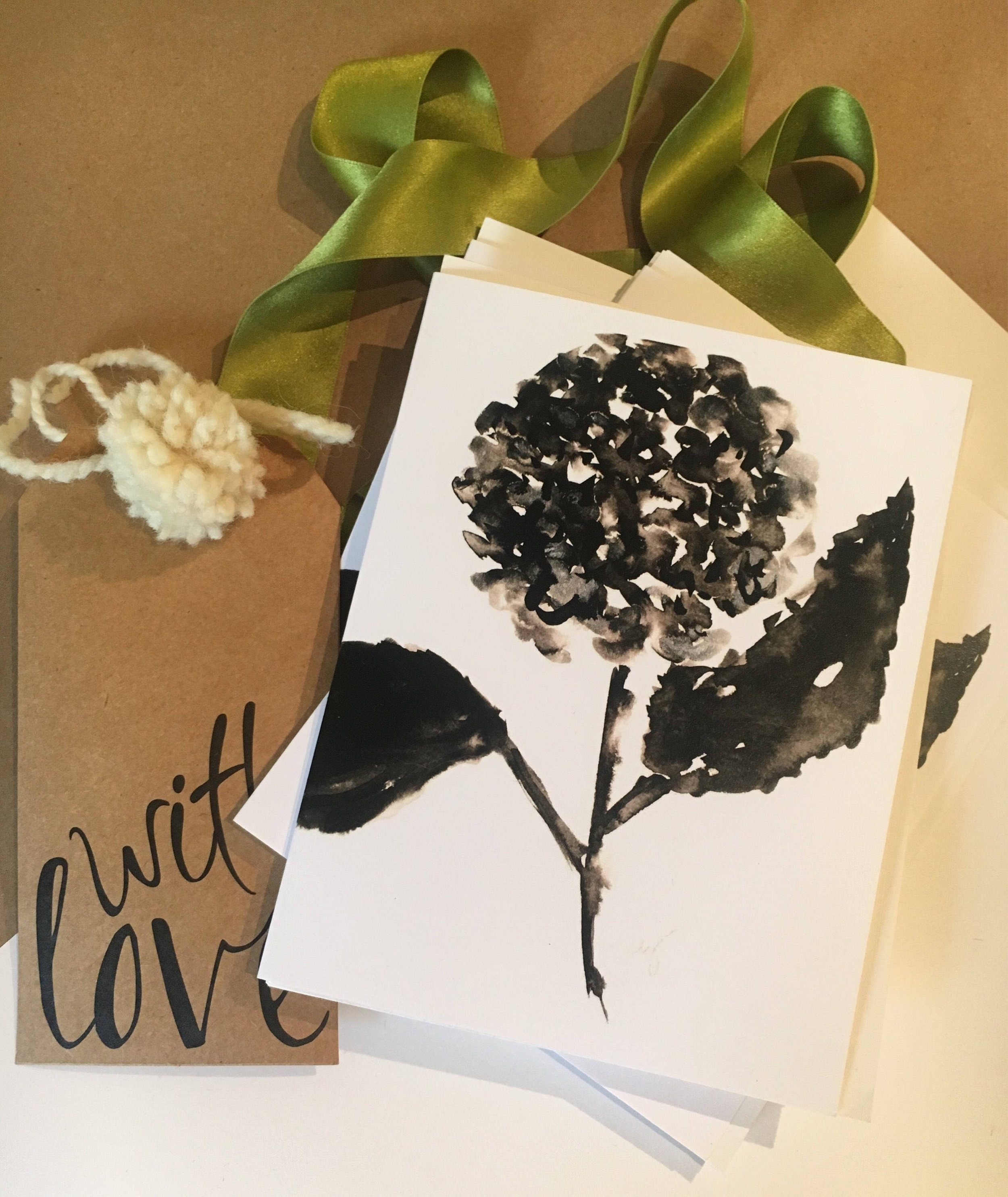 Greeting cards, Folded Notecards,Hydrangea, Black and White,fashion, chic