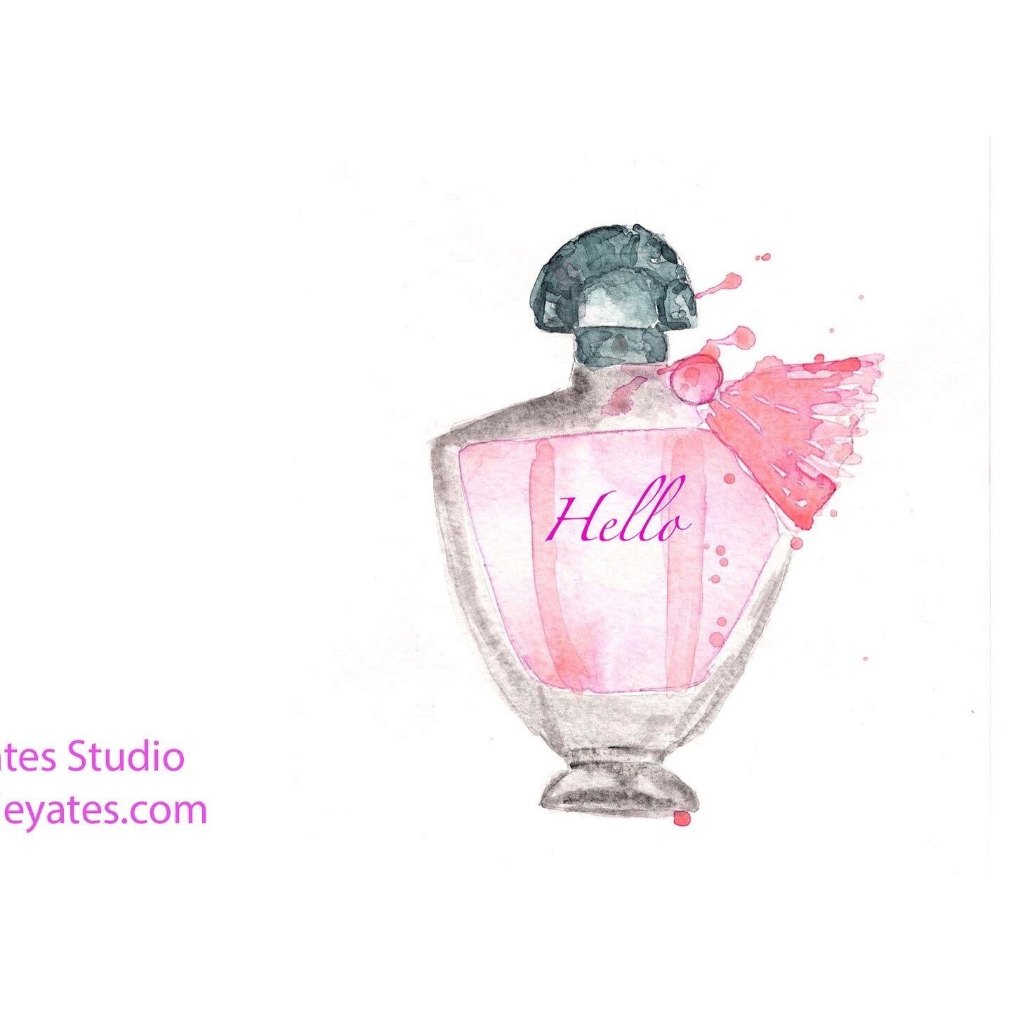 Pink perfume bottle folded Notecard, thank you note, hello notecard, art by pixie Yates
