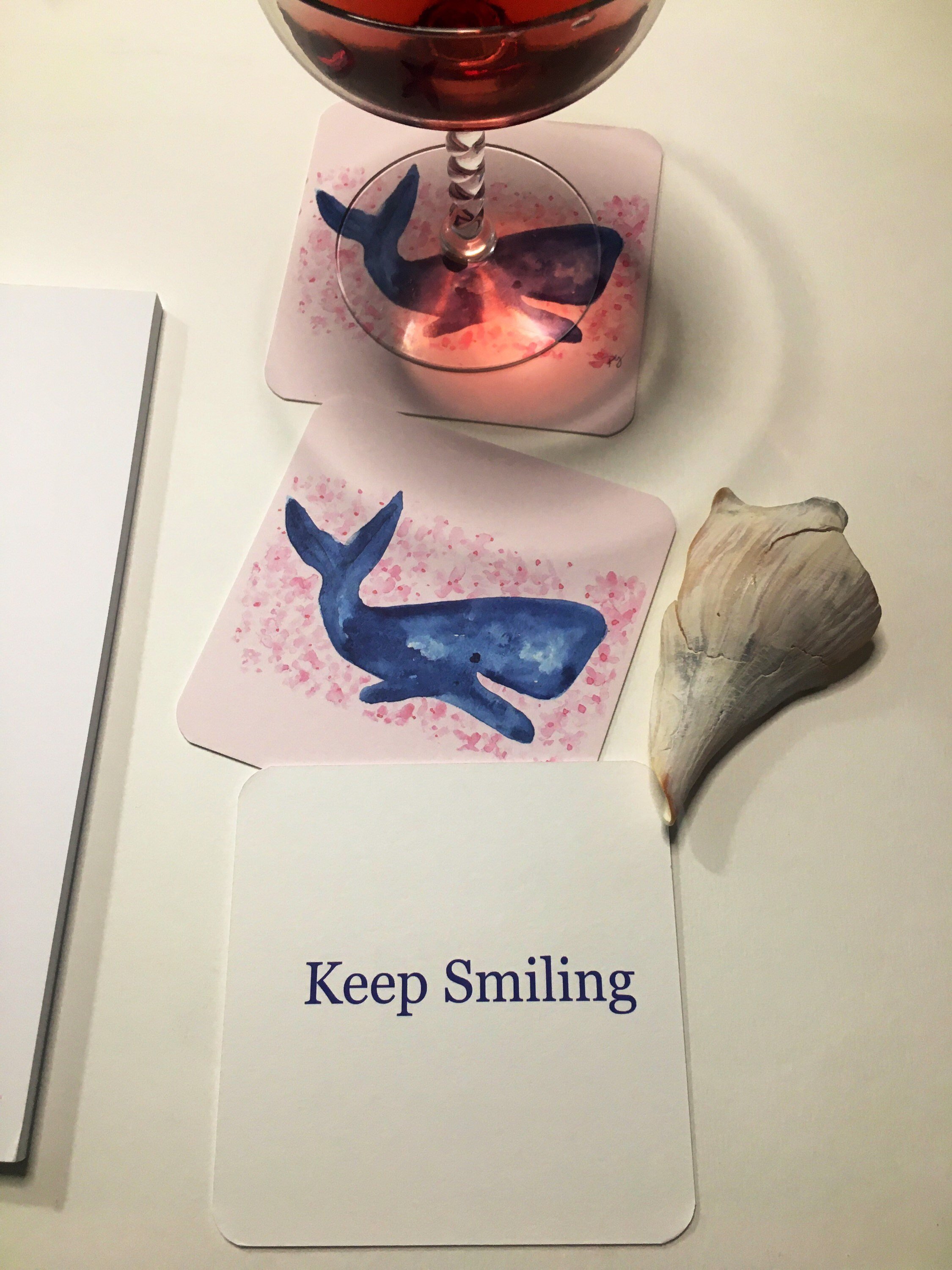 Pink Flower whale paper coaster, double sided, hostess gift, art by pixie yates